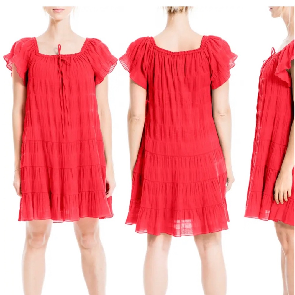MAX STUDIO Flutter Sleeve Short Tier Dress- red